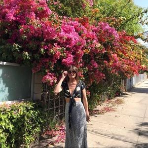 white and black flower print midi skirt